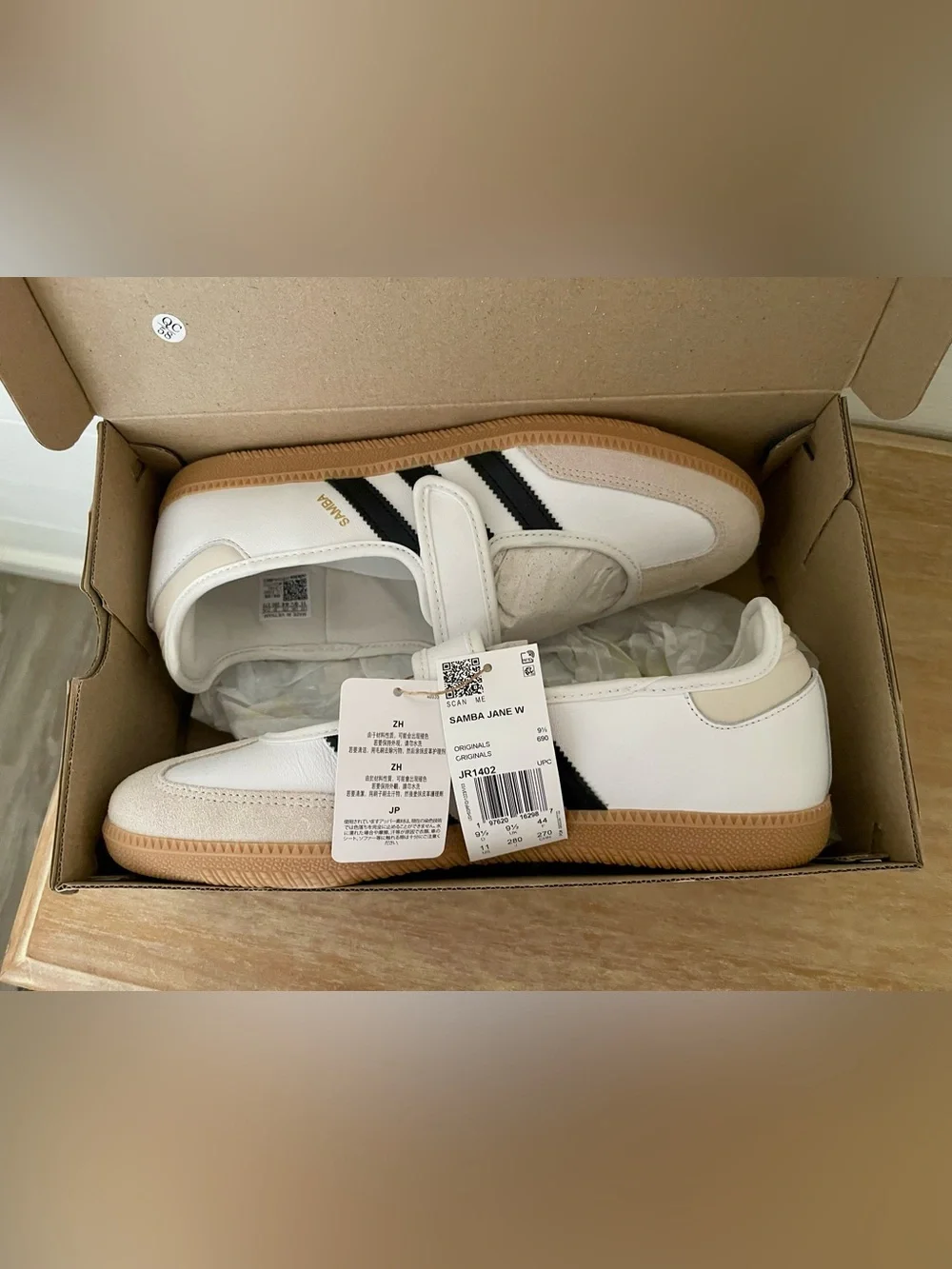 adidas Samba Strap Sneakers in White with Black Stripes and Gum Sole - Picture 3 of 4
